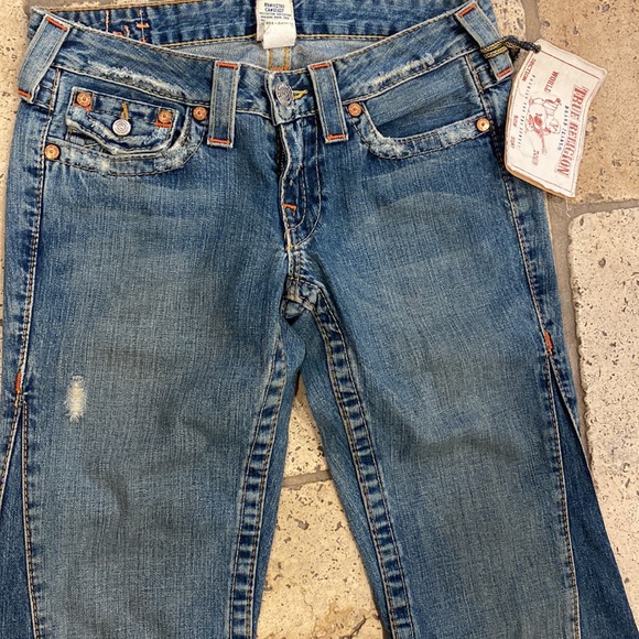 Nwt True Religion flare wide leg vintage jeans flower size 27 frayed hem - Picture 4 of 8